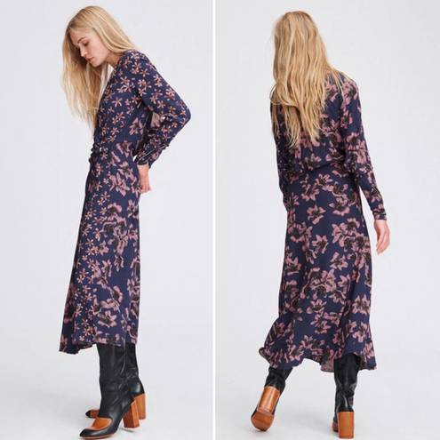 Rag and Bone  Odette V Neck Long Sleeve Blue Floral Wrap Midi Dress US 2