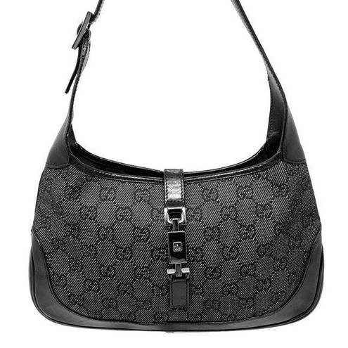 Gucci  Supreme Black Monogram Leather Trim Vintage Jackie Hobo Shoulder Bag