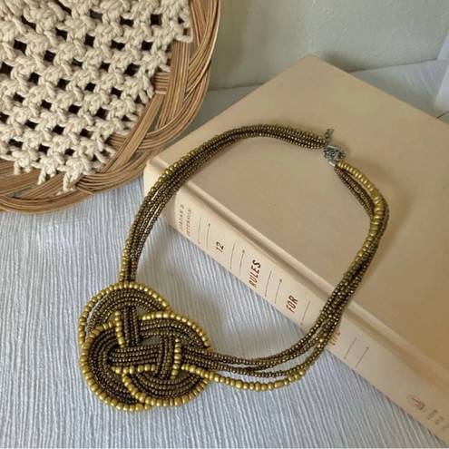 American Vintage Vintage “Kayte” Gold Beaded Forget Me Knot Necklace Multi Strand Brown Boho Chunky Gold Chain Jewelry