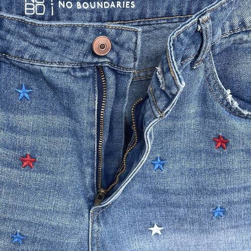 No Bo  Juniors SZ 13 Jean Shorts Patriotic Stars Frayed Hems Distressed Embroidery