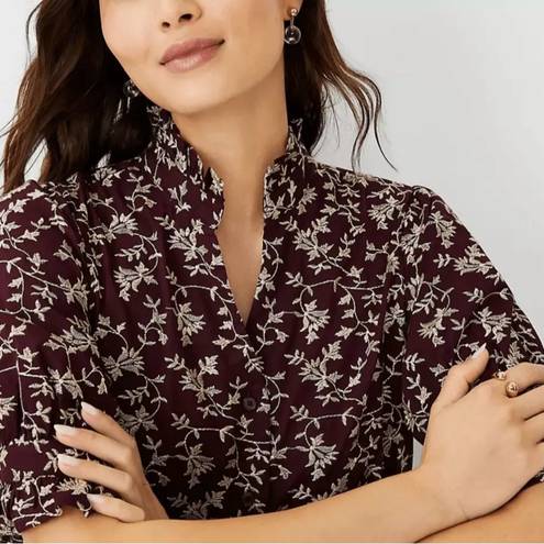 Ann Taylor  NWT Women's Small Maroon Floral Embroidered Blouse Puff Sleeve Ruffle