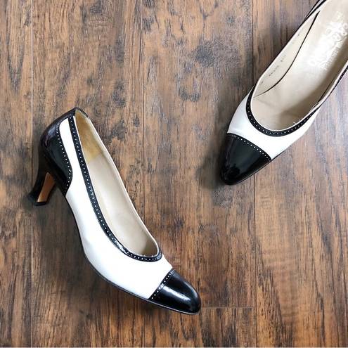 Salvatore Ferragamo Ferragamo • vintage heels pumps cap toe two tone black white patent leather