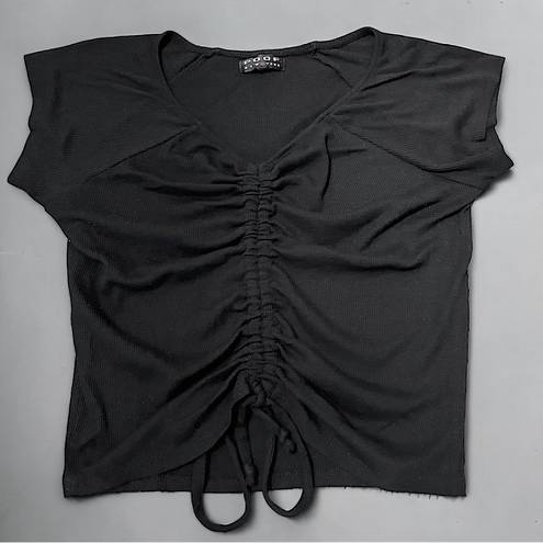 Poof New York Black Tie-hem Drawstring Ruched Short Sleeve V-Neck Ribbed Crop Top