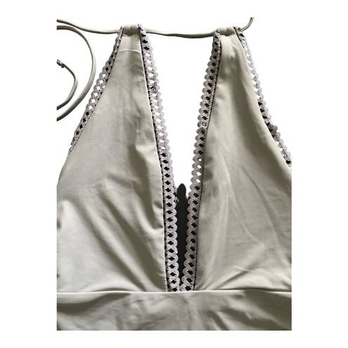 Aerie -DEEP V ONE PIECE SWIMSUIT-SIZE MEDIUM Gorgeous gray color deep V one piece swimsuit, open back, lace trim, halter tie top, excellent condition  Waistband measures 13-14 inches side to side