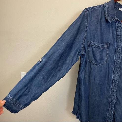 Chico's Chico’s Chambray Roll Tab Sleeves Frayed Button Down Shirt Size 12