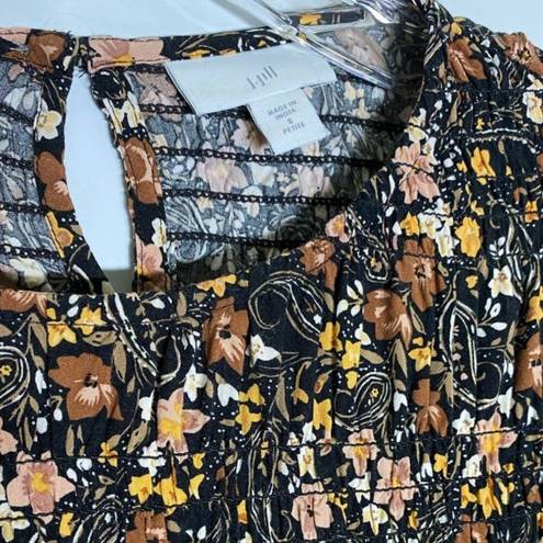 J.Jill  Petite Prairiecore Smocked Black Brown Floral Long Sleeve Blouse  SZ S