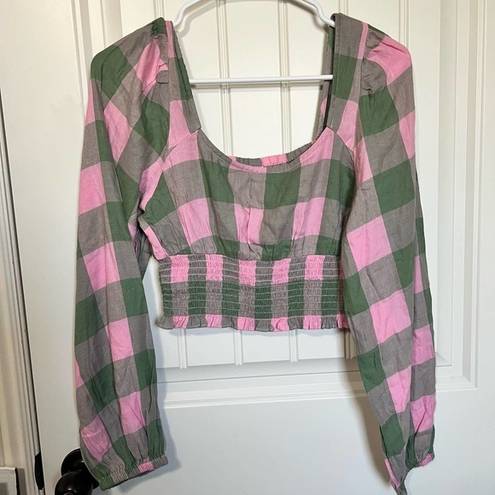 BP . Womens Crop Top Pink Buffalo Plaid Long Sleeve Puff Scoop Neck Smocked SZ S‎