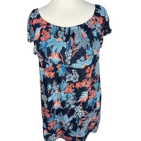 J.Jill  Love Linen Sarasa Womens Ruffled Tropical Print Top‎ Navy Blue Size Large