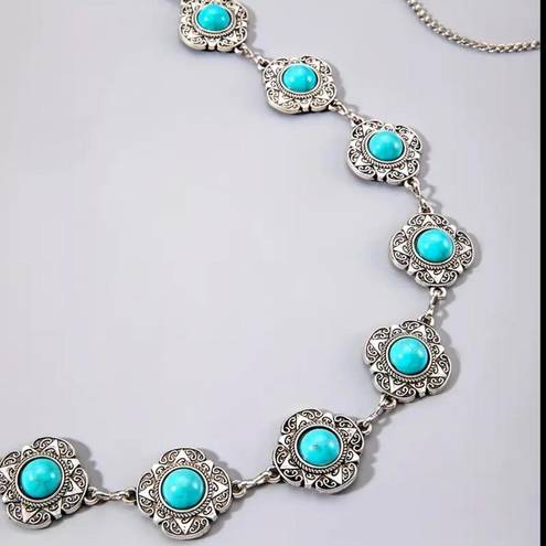 Boho Turquoise Waist Chain Vintage Adjustable Metal Chain Belt Western Faux Fashion Body Jewelry Silver