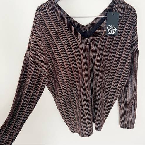 Chaser  Metallic Striped Formal V-neck Blouse Long Sleeves Black/Brown Size Large