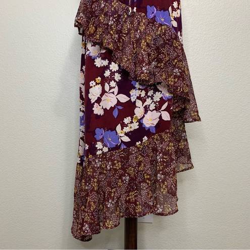 Mossimo Burgundy Floral Ruffle Midi Skirt Size M