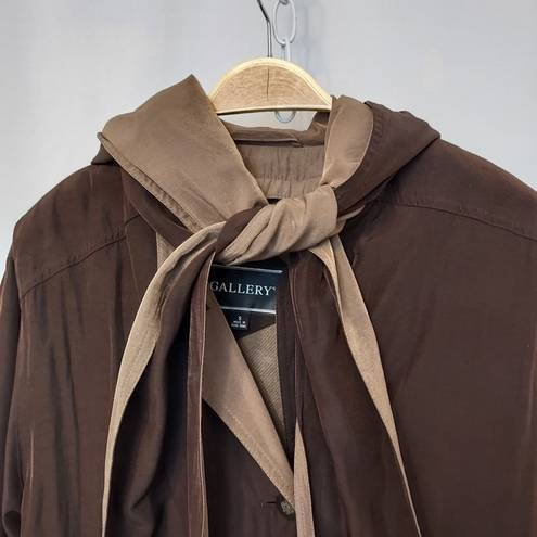 Gallery VINTAGE! 90’s  BROWN AND TAN TIE FRONT NECK BOW HOODED TRENCH COAT JACKET