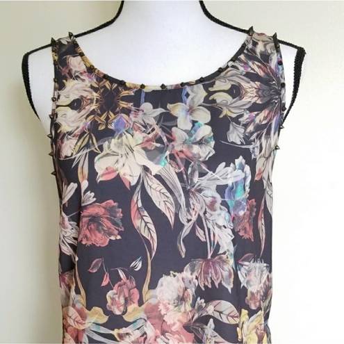 Ladakh  Sheer Artsy Boho Sleeveless Blouse Iridescent Flowers & Studs Size 2