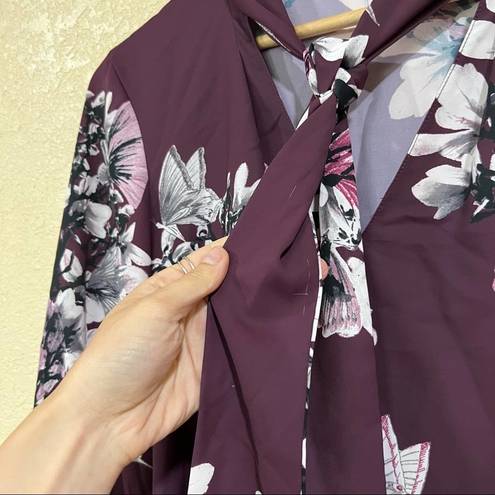 Natori  Purple Floral Neck Tie Button Down Blouse