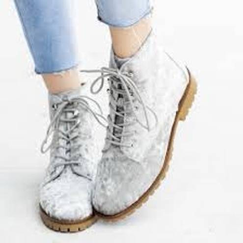 Qupid Gray Velvet Lace Up Ankle Boots