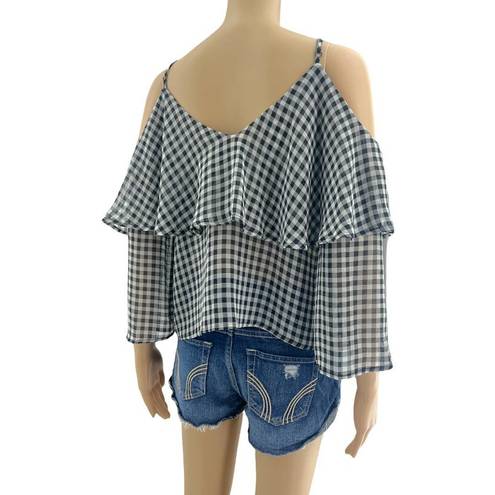 Ten Sixty Sherman  (L) Black White Sheer Gingham Plaid Cold Shoulder Top