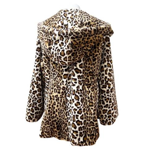 Dennis Basso Brown Leopard Zip Front Faux Fur Coat with Hood and Waist Detail