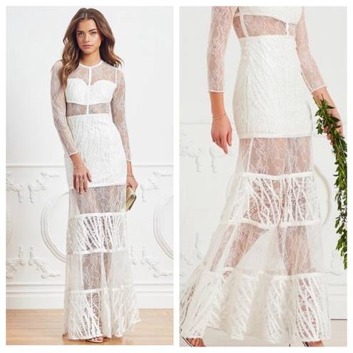 Alexis  Joelle White Lace Sheer Long Sleeve Wedding Bridal Boho Maxi Dress Small