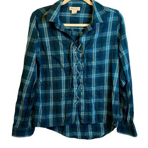 Ariat  Shirt Women's Medium Plaid Rodeo Western Festival Blue Lace up