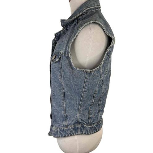 Vintage Blue Red Lodge  Button Front Sleeveless Denim Jean Vest Size Medium