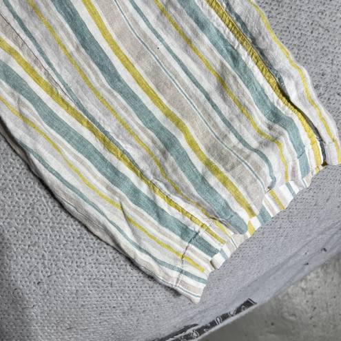 Coldwater Creek Yellow Cream Blue Vertical Stripe 100% Linen Pull On Summer Pant