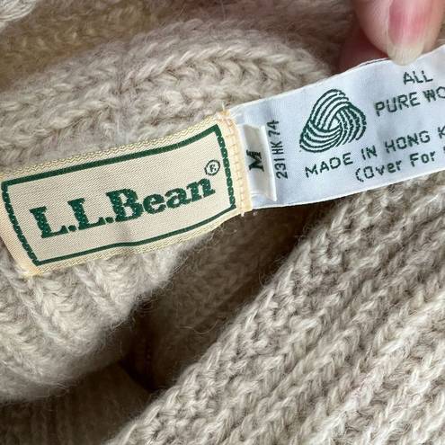 L.L.Bean  Vintage Shetland Wool Cardigan Single Button Ribbed Knit Beige Size Med