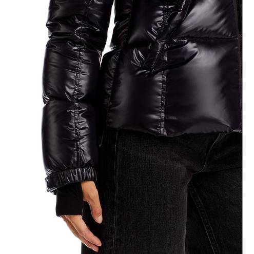 AQUA NWT  Faux Fur Trim Gloss Puffer Jacket in Jet Black Size M New w/Tag $238