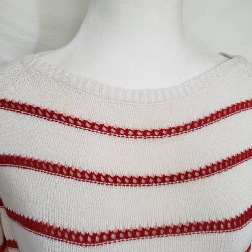 W By Worth  Womens Sweater Size S Stripe Fringe Open Knit White Red Long Sleeve