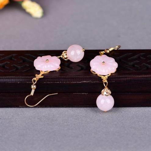 18K Gold Plated Pink Agate Flower Dangle Drop Earrings for Women,Flower Earrings