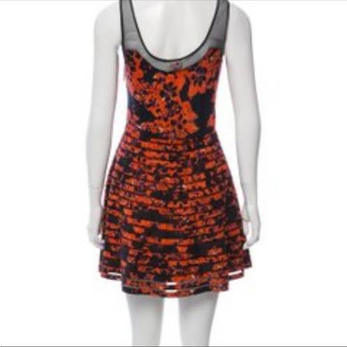 Parker  PETAL BLOOM MESH SLEEVELESS SILK BLACK ORANGE MINI SKATER FIT FLARE DRESS