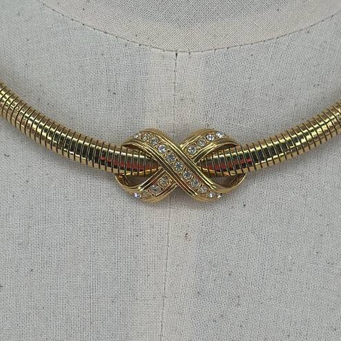 infinity Collar Necklace in Gold Tone with Rhinestone Inset  Pendant