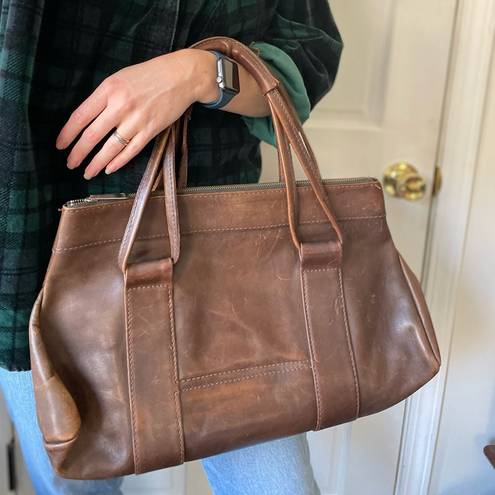 Vintage full grain leather large shoulder bag tote satchel dark brown double