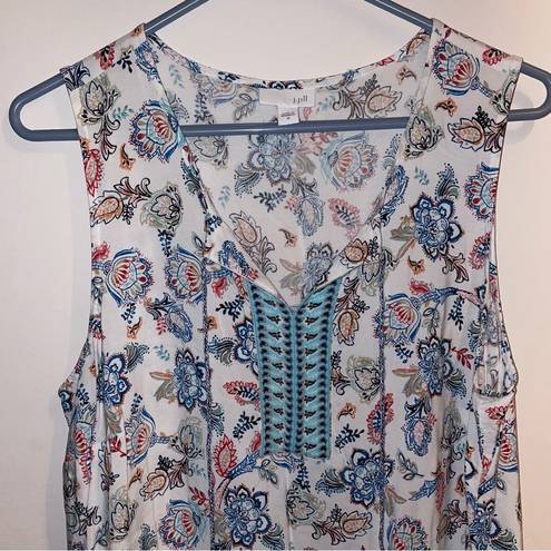 J.Jill  Beachy Tiered Tank White Blue Boho Paisley Print Medium