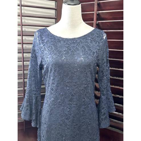 Tiana B . Blue Lace Sequin Midi Dress Sheer Sleves Lined 10P Cocktail