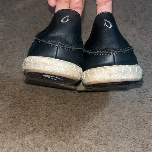 Olukai  Kaula Pa'a 'Ili Leather Slip On Espadrille Flat Black 7.5