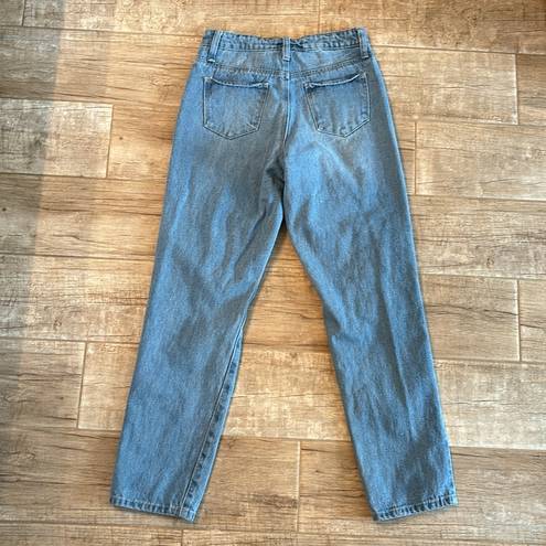 BP light blue denim mom jeans with distressed holes