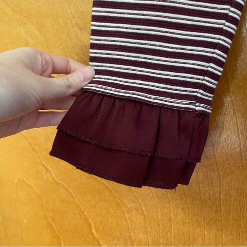 Talbots  Striped Metallic Ruffle Cuff Burgundy Long Sleeve Shirt Size Medium