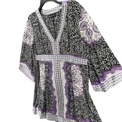 INC  Kimono Dress Womens 14 Purple Black Paisley Silk Chiffon Tie Belt Festival