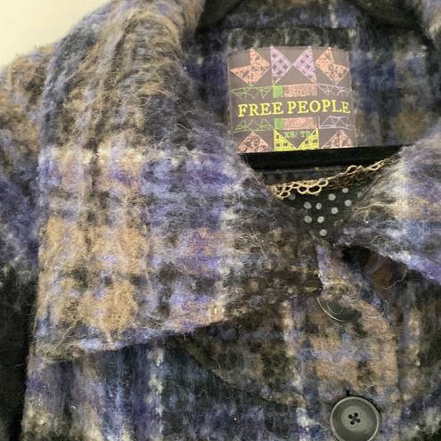 Free People  Bonjour Plaid Wool Coat Tartan Jacket Blue Black Woolen Bohemian XS