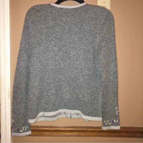 Dress Barn  Silk Angora Wool Silk Floral Embroidered Full Zip Sweater Grey Small