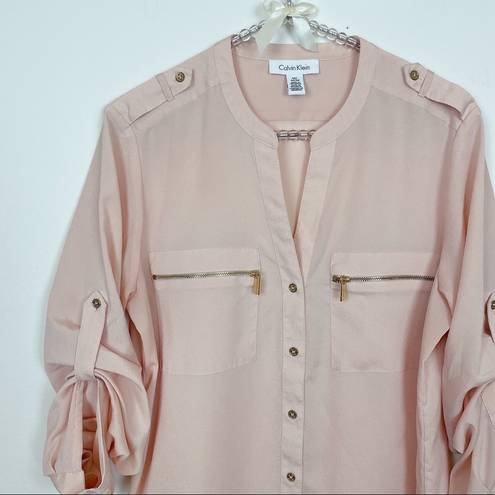 Calvin Klein  Pink Zip-Pocket Roll Sleeve Blouse