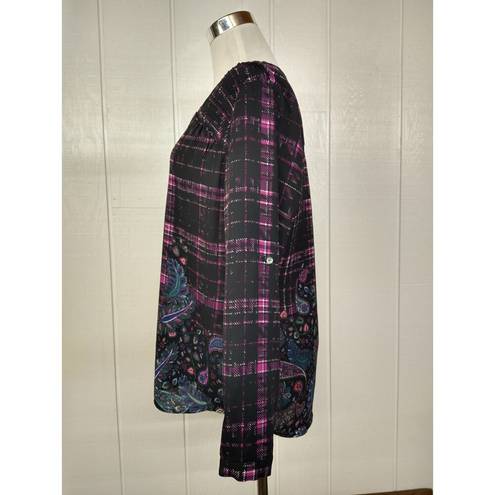 Black Rainn  - Roll Tab Sleeve V Neck Pullover Blouse Purple Black Plaid - Medium