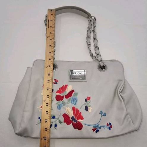 Nicole Miller  Faux Leather White Shoulder Bag Floral Embroidery Purse Hand Bag