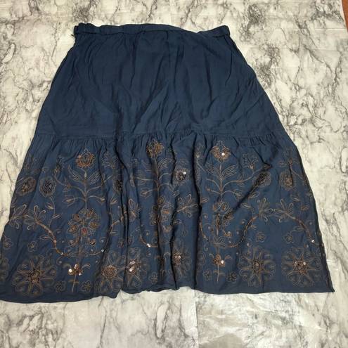 Coldwater Creek  Women Embroidered Flare Skirt Size Large Blue 100% cotton