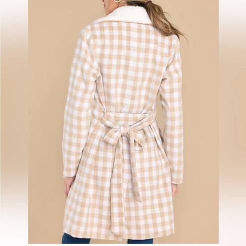 Aura  It's A Look Beige Plaid Coat Tie Double Breast Pearl Button M J NWT