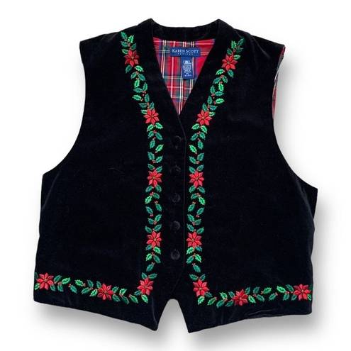 Karen Scott Vintage  Vest Black Velvet Red Green Holiday Poinsettias Embroidery