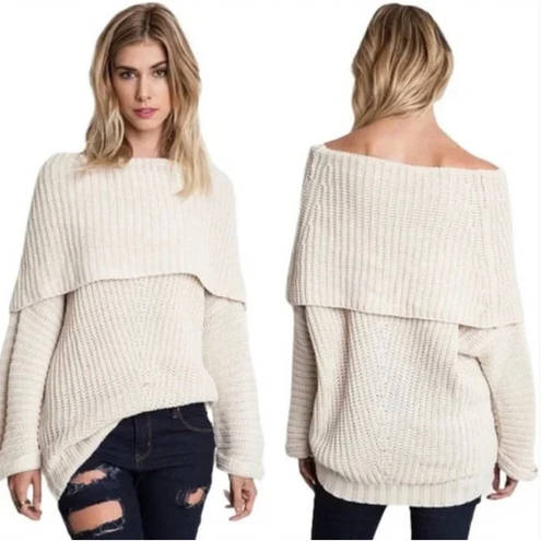 Umgee  Oversized Aspen Off the Shoulder Chunky Cream Knit Sweater Size Small