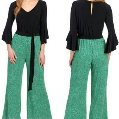 Tiana B . Wide Leg Belted Jumpsuit Black Green White, Size L