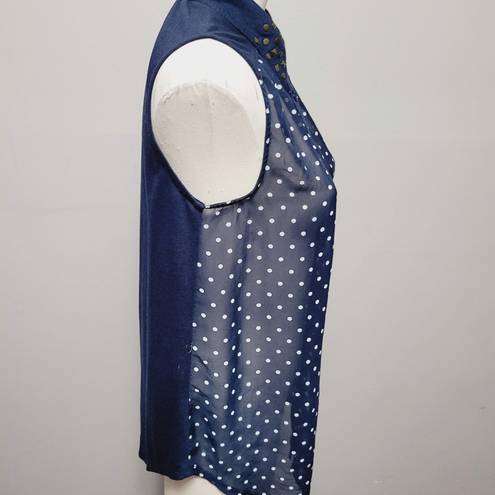 Rewind  navy polka dot stud collar mixed media sleeveless button down size large