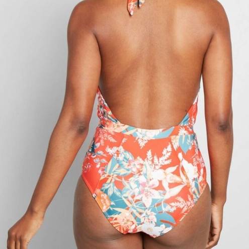 Modcloth  The Bethany One-Piece Floral Halter High Waisted Swimsuit XL Orange